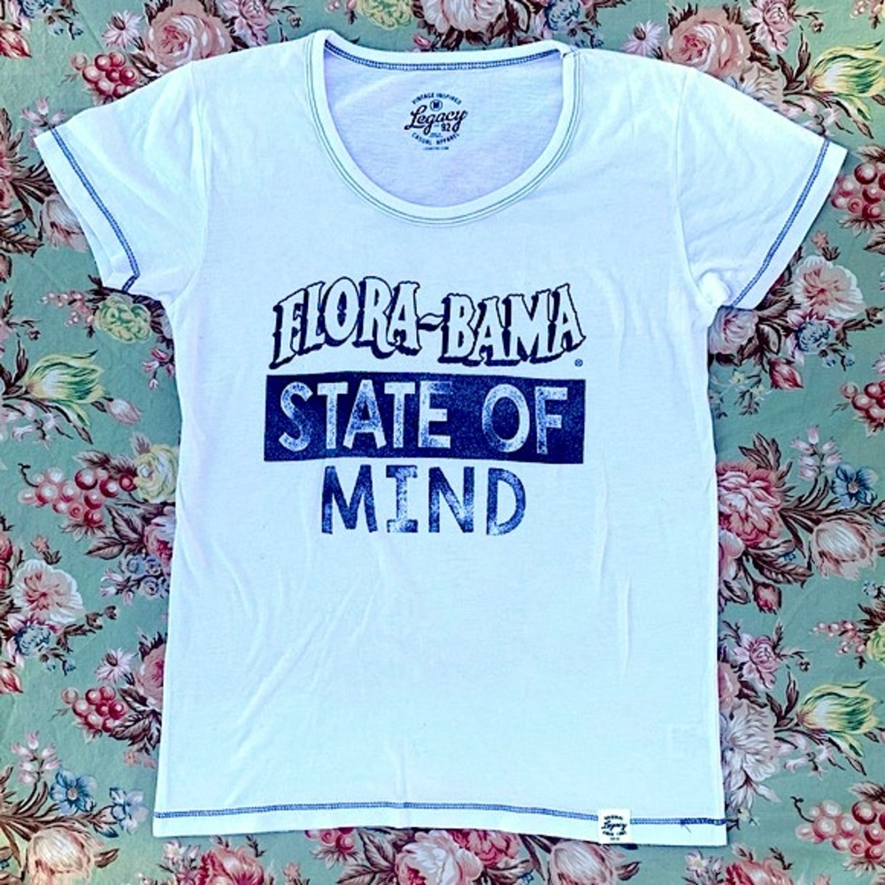 Flora-Bama State of Mind Beach Bar White T-Shirt w/ Navy Graphic/Stiching Detail